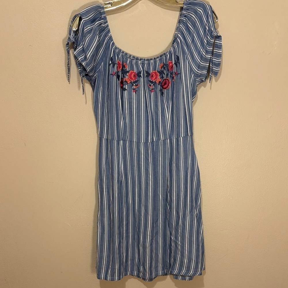 Hollister Blue and White Striped Dress with Floral Embroidery